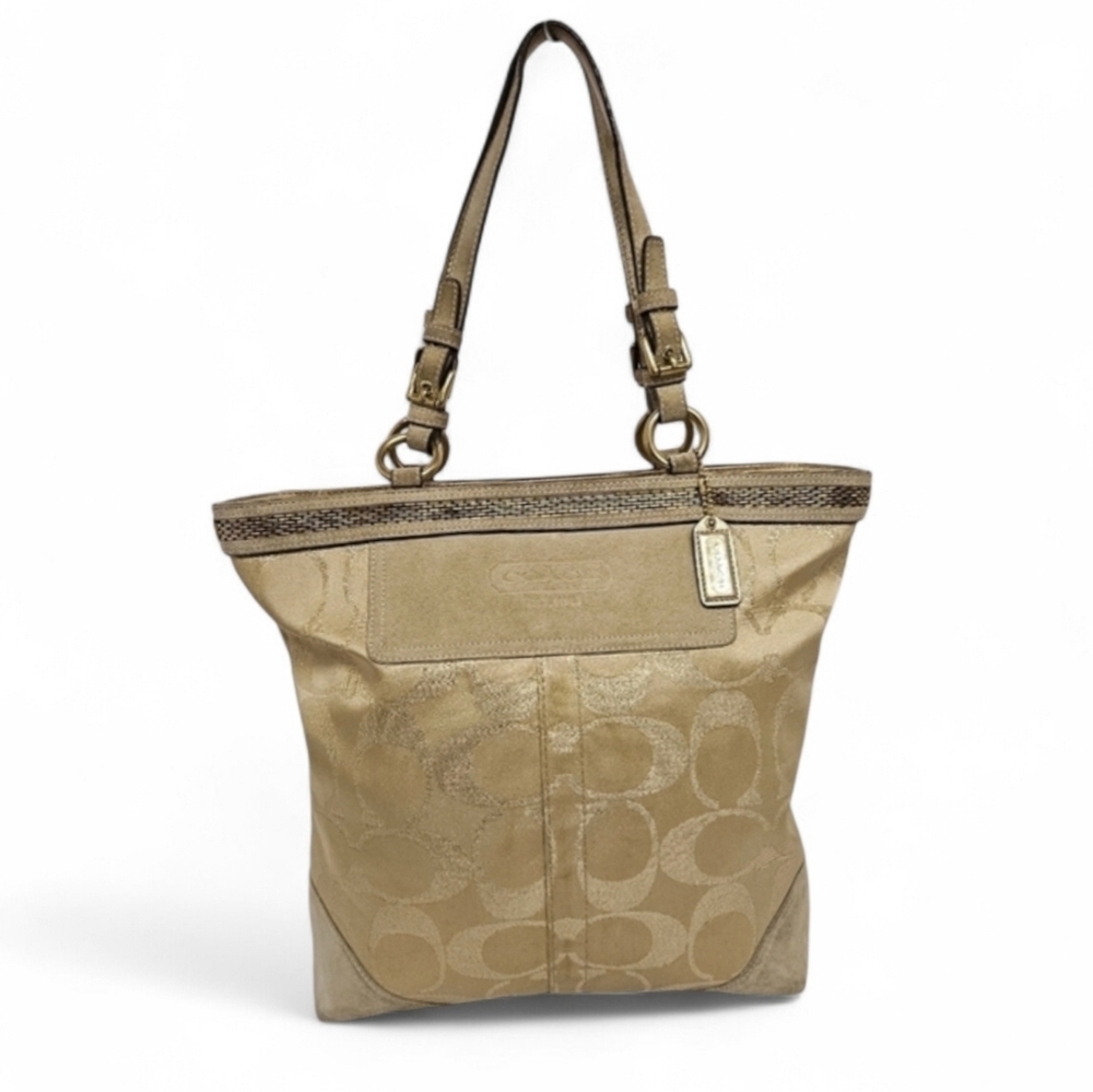 Coach Signature F06J-10390 Beaded Tote Bag In Canvas And Suede In Gold And Tan - Picture 1 of 15